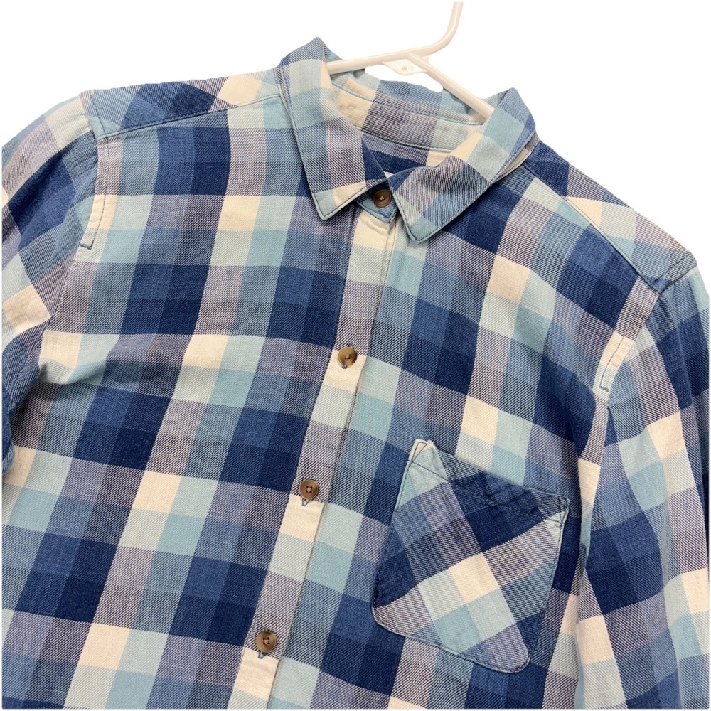 J Jill‎ Flannel Shirt Jacket Womens M Blue White Plaid Roll Tab Sleeves Pockets